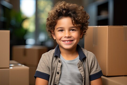Portrait Of Cute Little Boy At Home, Sweet Male Child Having Fun On Moving Day, Sitting On Floor Among Cardboard Boxes With Belongings, Looking At Camera, Copy Space