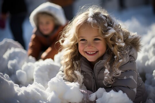 Kids making snow forts photo - stock photography concepts