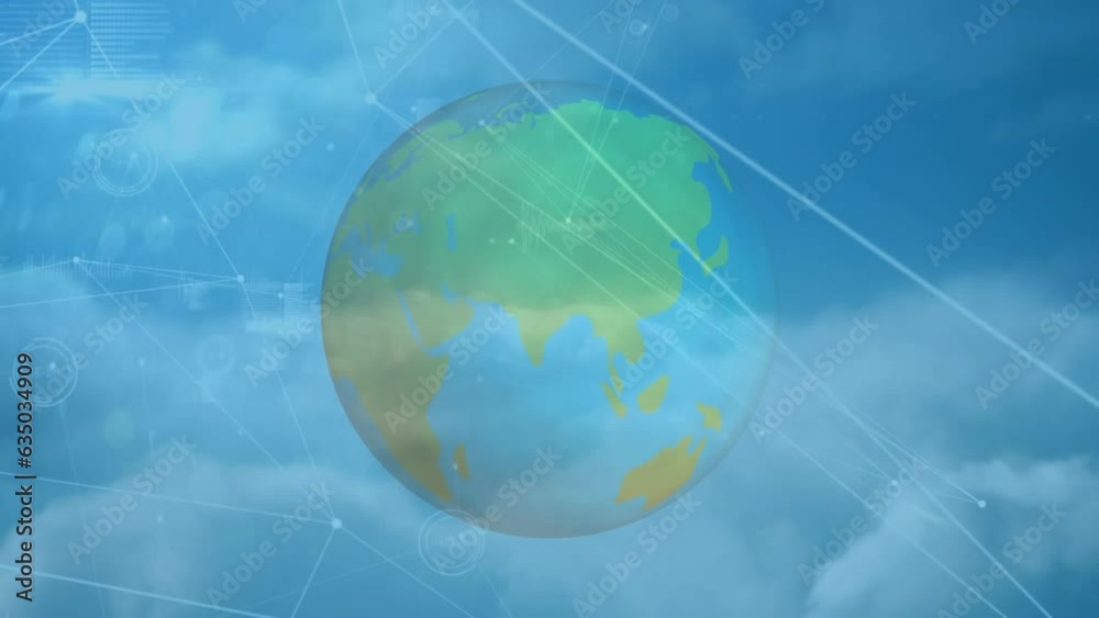 Poster animation of connected dots and rotating globe over aerial view of dense clouds