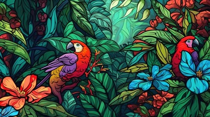 Exotic birds in a rainforest . Fantasy concept , Illustration painting. - obrazy, fototapety, plakaty