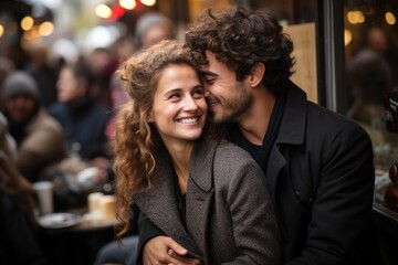 Lovers sharing a secret smile during a crowded event - stock photography concepts