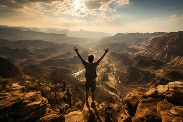 Man standing on a mountaintop arms outstretched - stock photography concepts