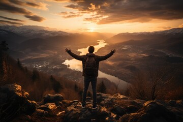 Fototapeta premium Man standing on a mountaintop arms outstretched - stock photography concepts