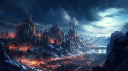 Epic fantasy castle . Fantasy concept , Illustration painting.