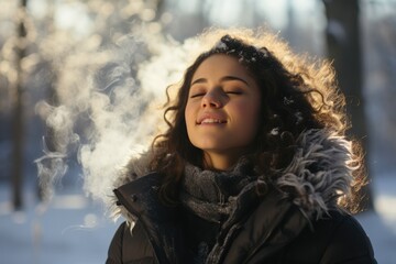 Person breathing out vapor in the cold air photo  - stock photography concepts