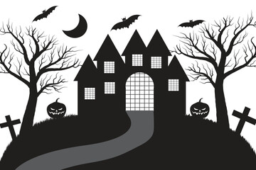 
Halloween Horror Castle haunted house building silhouette vector,Black and white bat and ghost Spooky house, Scary Night Party 31 October illustration theme,trees Pumpkins tombs Witch Moon crosses   