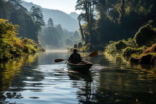 Person canoeing on a calm river - stock photography concepts