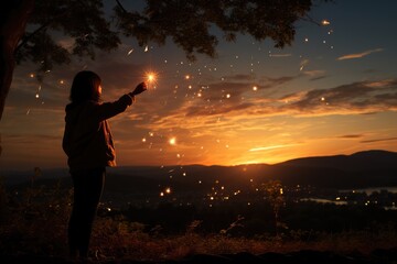 Person making a wish while holding a shooting star - stock photography concepts - obrazy, fototapety, plakaty