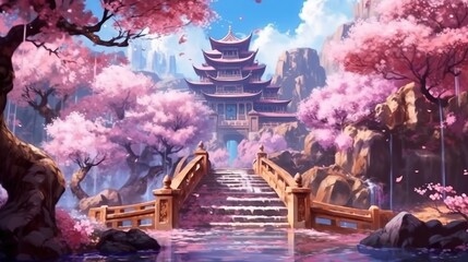 Enchanting cherry blossom gardens . Fantasy concept , Illustration painting.