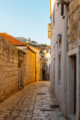 Narrow street of old town of Hvar, Croatia
