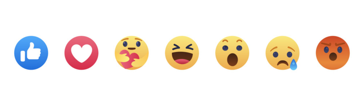 Facebook reaction emoticons. Facebook thumb up finger. Facebook expression smiley. Sad, happy and angry character. Editorial illustration. Rivne, Ukraine - August 11, 2023