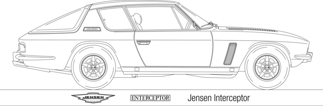 United Kingdom, year 1966, Jensen Interceptor vintage car silhouette, drawing outlined on the white background, illustration
