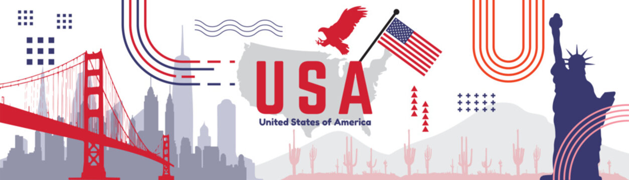 A modern poster design about USA country. USA flag, and famous building and mountains of The United States. Design for the national day of The USA