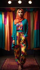 A stylish woman wearing a vibrant hijab standing confidently on a patterned rug