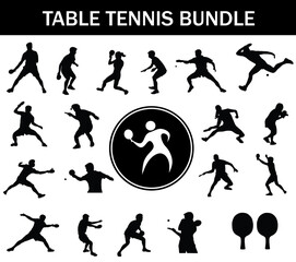Table Tennis Silhouette Bundle | Collection of Table Tennis Players with Logo and Table Tennis Equipment