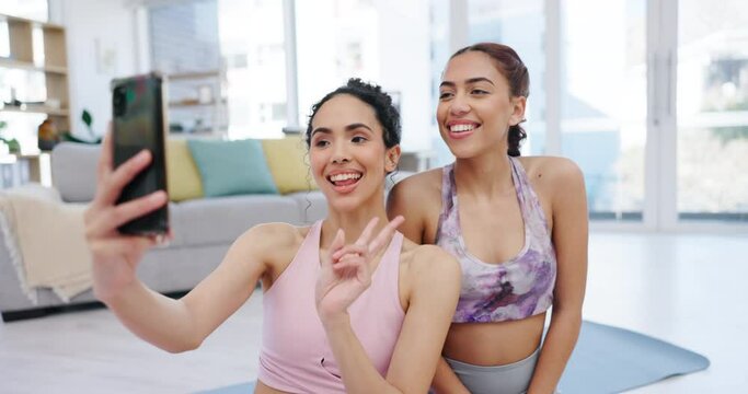 Happy, yoga or women take a selfie for a social media post after exercise or fitness workout in home studio. Pictures, wellness or healthy friends take photo in training together house in living room