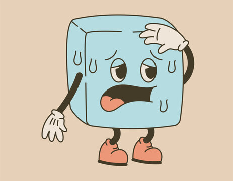 Funny groove character suffering from melting ice cube with face. Vector isolated old cartoon retro illustration.