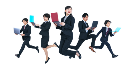 ジャンプするノートパソコンを持った若いビジネスパーソンのグループ　（1人ずつのPNG画像も販売しております。作成者リンクからPNGで検索してください）