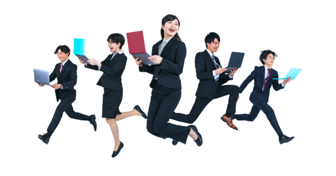 ジャンプするノートパソコンを持った若いビジネスパーソンのグループ　（1人ずつのPNG画像も販売しております。作成者リンクからPNGで検索してください）