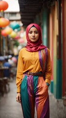A stylish woman wearing a vibrant hijab on a bustling city street