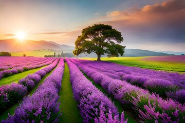 Fototapeta premium lavender field at sunset generated ai