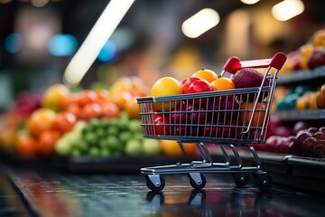 Bustling market Shopping cart in supermarket, set against vibrant blurred store bokeh Generative AI