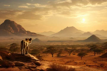 Poster stunning, regal lion striding through a grassy plain  © STORYTELLER