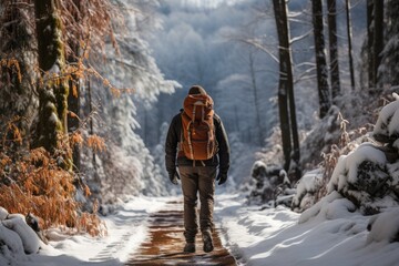 Snowshoer trekking through a snowy forest - stock photography concepts