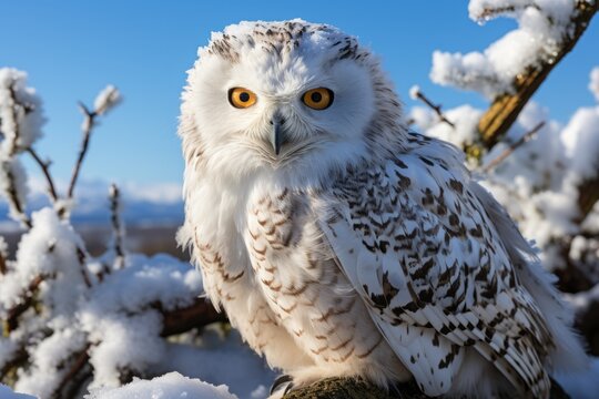 Snowy owl perched on a branch photo - stock photography concepts