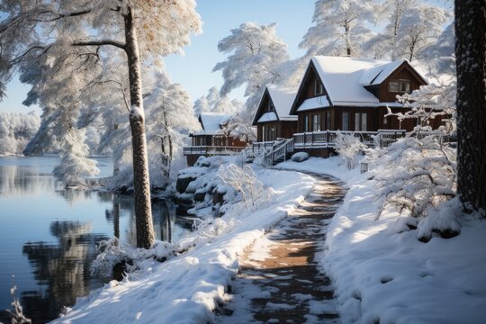 Snowy pathway leading to a cozy cabin photo - stock photography concepts
