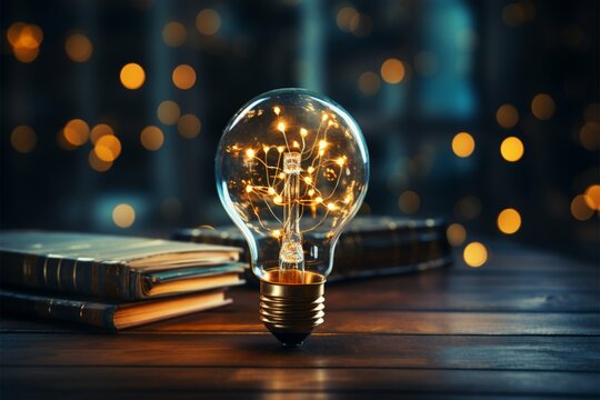 Glowing light bulb with creativity twinkling lights on a book Ideas for inspiration from reading Innovation concept Generative AI