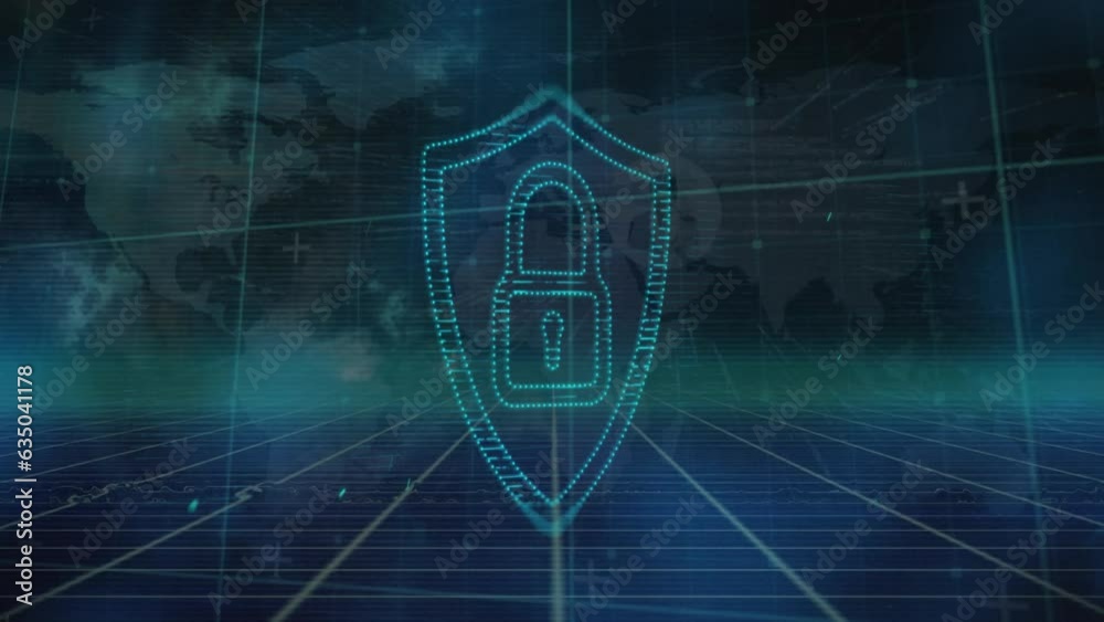 Poster animation of dots forming padlock in shield over grid pattern against map in background