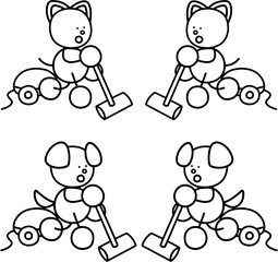 掃除機で掃除をするわんまるとにゃんまるの線画セット　犬　猫
