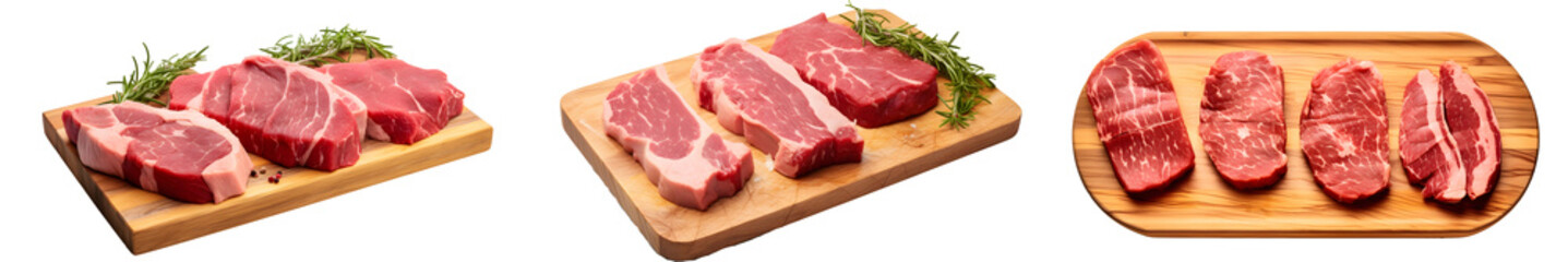 fresh slice meat on a chopping board with transparent background