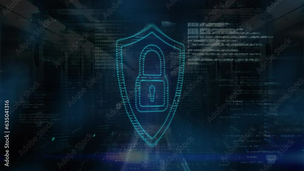 Poster animation of dots forming padlock in shield, computer language, binary codes over server room