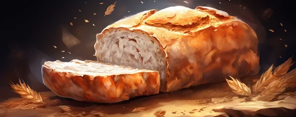 Gordijnen Fresh fragrant crusty bread on a wooden table with a dark background. Generative AI. © Simona