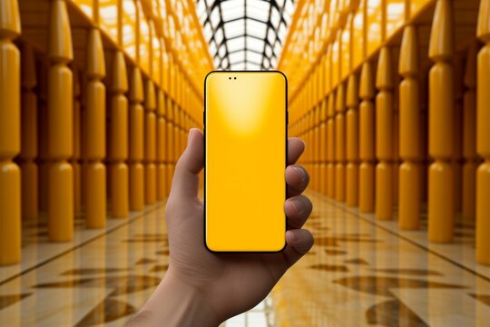 Phone, box, and hand converge against radiant yellow a contemporary trinity Generative AI