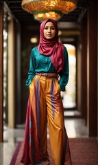 A woman in a vibrant hijab standing in a hallway