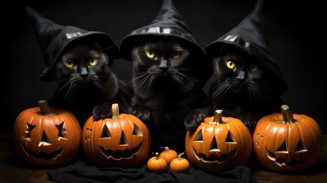 Black cats in witch hats among Halloween pumpkins