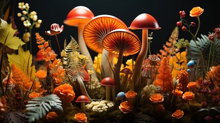 Fototapeta na wymiar 3d Mushrooms, Wildflower Cottagecore, highly detailed, vivid color