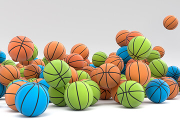 Many of flying multicolor basketball ball falling on white background