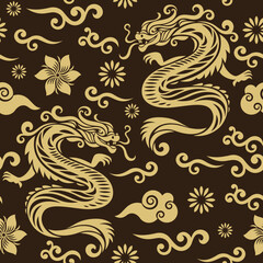 Seamless pattern with Dragon. Gold and black colors pattern. Symbol of 2024. Year of the Dragon.	
