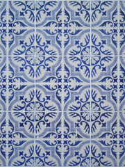 Blue and white tile work, called azulejos. In Aveiro, Portugal
