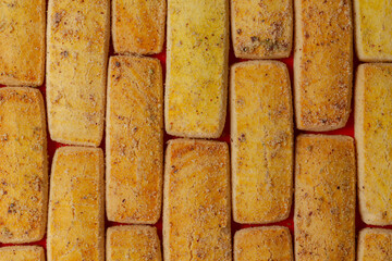 Closeup of a group of assorted Sweet and tasty Pistachio cookies or butter Pista bakery cookies. Top view wallpaper.