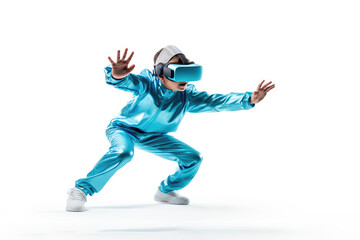 Fototapeta na wymiar Child Dancing In Vr Goggles On White Background. Vr Dancing, Child Dancing, White Background, Goggles, Futuristic, Fun Activities, Technology, Exercising