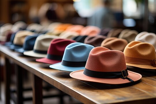 Trendy hats displayed in a chic boutique  phot - stock photography concepts