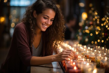 Obraz na płótnie Canvas Woman lighting a row of candles on an advent wreath - stock photography concepts
