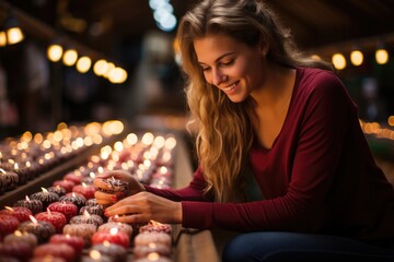 Woman lighting a row of candles on an advent wreath - stock photography concepts