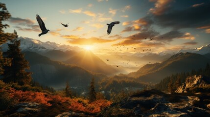 Fototapeta premium Satellite view, Pan left, birds flying in the sky, sunrise, Silhouette of the team on the mountain.