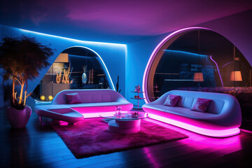 Living room in a futuristic design with white interior and neon backlights and big windows. AI Generative.